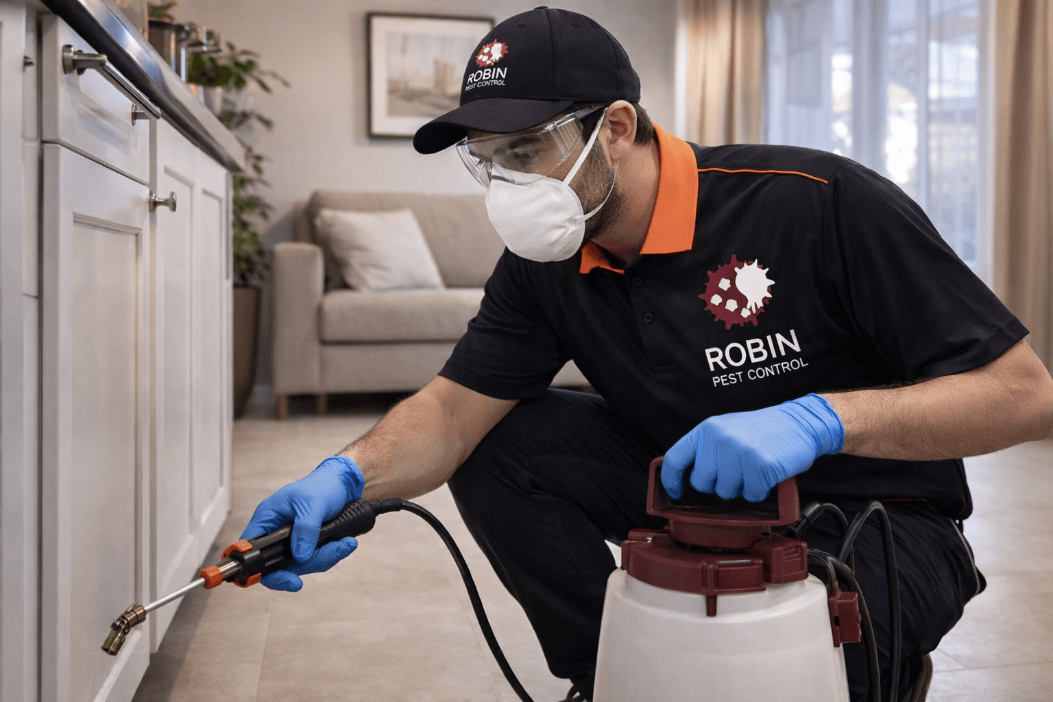 Professional pest control technician in protective gear